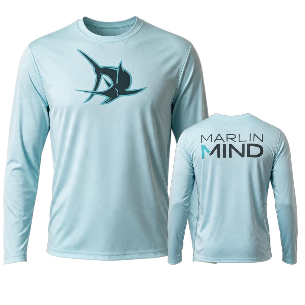 Front and back mannequin views of the Ice Blue Marlin Mind UPF Performance Shirt